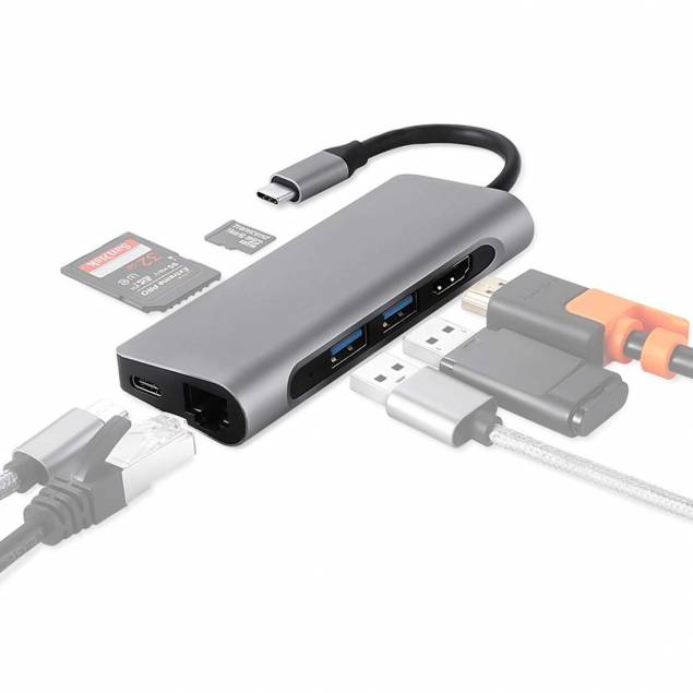 USB-C-docka med HDMI, RJ-45, 2x USB 3,0 och Micro SD-och SD-kort