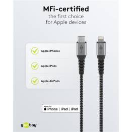  Goobay robust vävd USB-C till Lightning-kabel - MFi - 1m - Svart/grå