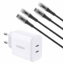 Ugreen 40W dubbelladdare med USB-C PD och 2 MFi Lightning-kablar - 1m