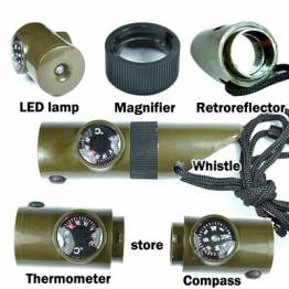  7-i-1 utomhusverktyg: Vissling, kompass, termometer, LED-ljus, förstoringsglas, reflektor och rum - 9,6 cm - Grön/svart