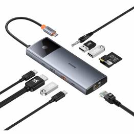 Baseus USB-C 10-i-1 hub: 3xUSB, 2xUSB-C 100W PD, HDMI, kortläsare, RJ45, mini-jack och On/Off-knapp för skärm