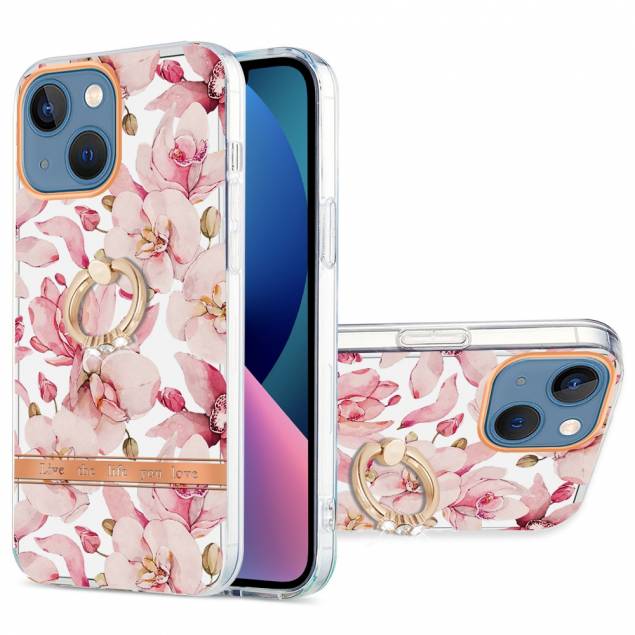 Skyddande iPhone 13 mini-skal med fingerhållare - Pink gardenia
