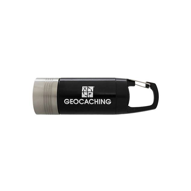 Mini ficklampa och lykta med Geocaching-logotyp och karbinhake