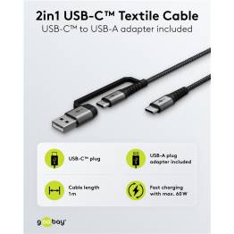  Goobay 2-i-1 tålig vävd multikabel USB/USB-C till USB-C - 60W - 1 meter