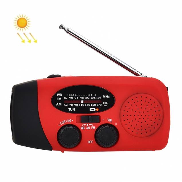 Nödradio med vev, solcell, lampa, alarm och mini powerbank - Röd