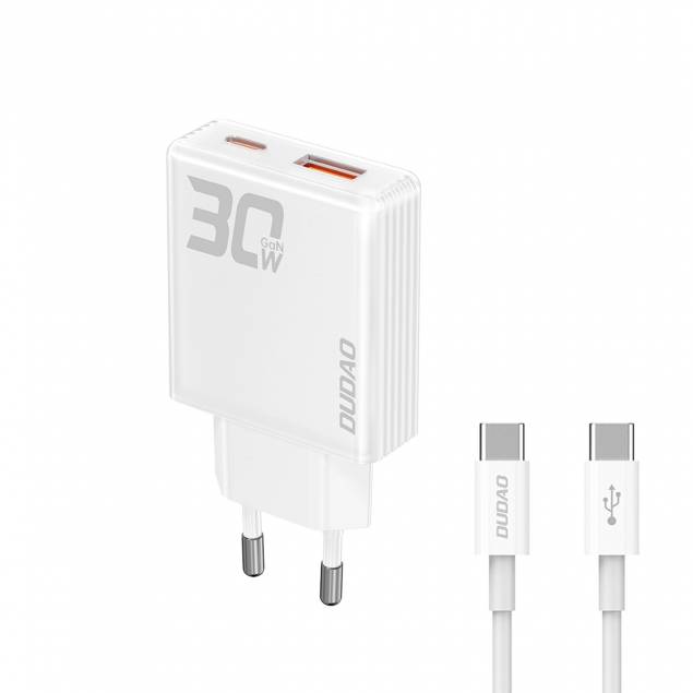 Dudao GaN 30W PD laddare USB-C / USB-A inkl 1m USB-C kabel - Vit