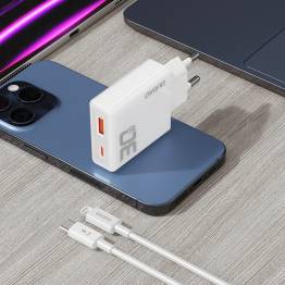  Dudao GaN 30W PD laddare USB-C / USB-A inkl 1m USB-C kabel - Vit