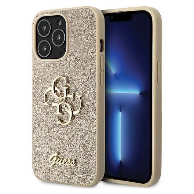 Guess cover til iPhone 13 Pro Max - guld glitrende skrå tekst Big 4G