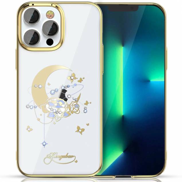 Kingxbar iPhone 13 Pro cover - Guldmåne, blomst och Swarovski kristaller