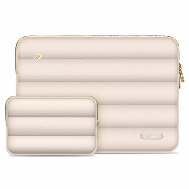 Puffy MacBook 13-14" sleeve med tilbehørsrum og lille tilbehørstaske - Beige