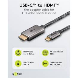  Vävd USB-C till HDMI-kabel från Goobay - 4K@60Hz - 3m