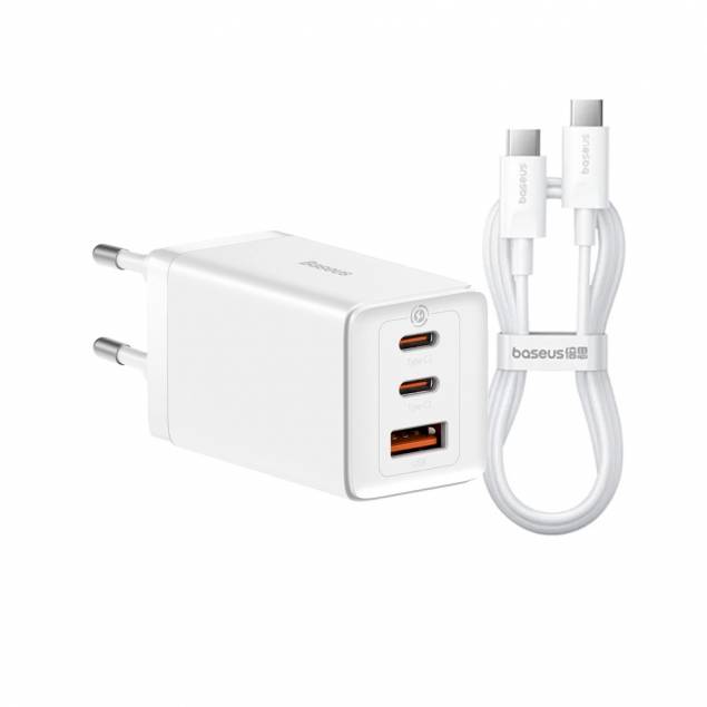 Baseus GaN5 Pro 3-port 2x USB-C och 1x USB inkl 1m USB-C kabel - 65W PD Mac-laddare - Vit