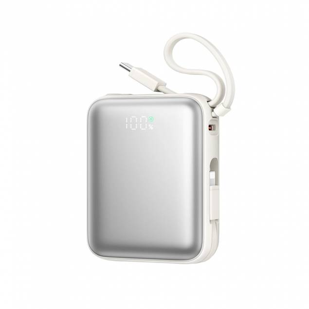 Joyroom mini powerbank med USB-C og Lightningkabel - 10.000mAh - 22.5W PD - Hvid