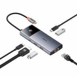  Baseus USB-C 6-i-1 hub: 2xUSB, 2xUSB-C 100W PD, HDMI och RJ45 och On/Off knapp för skärm